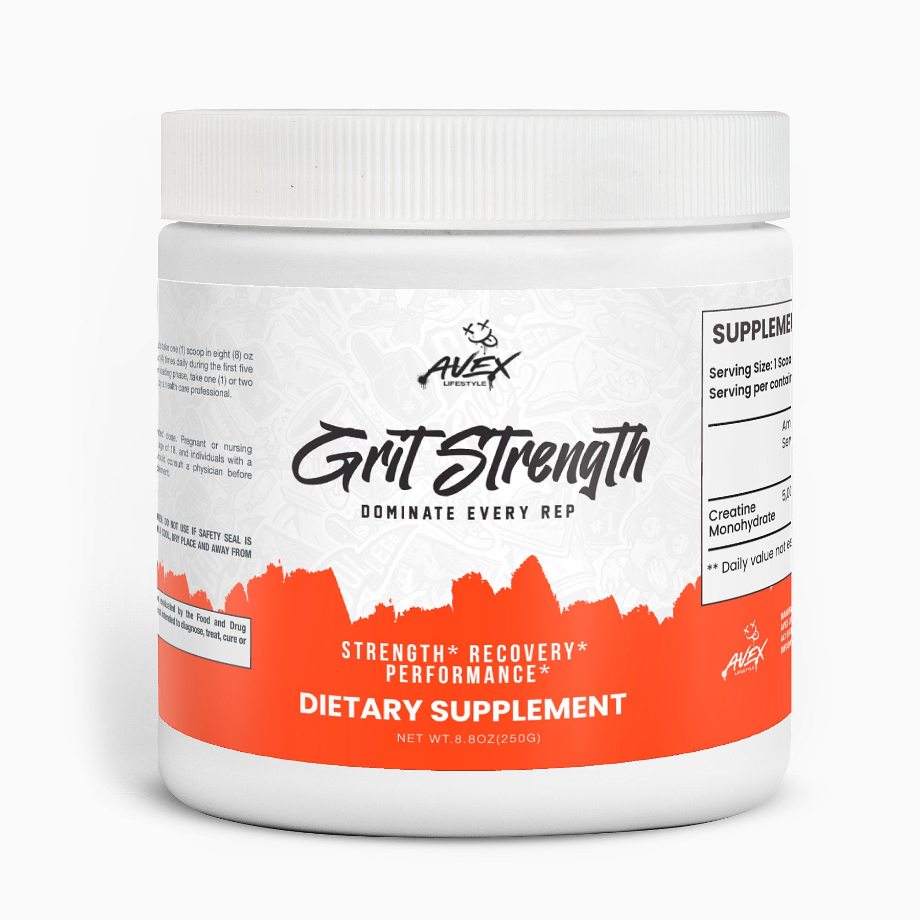 White supplement bottle with colorful label promoting energy and focus.