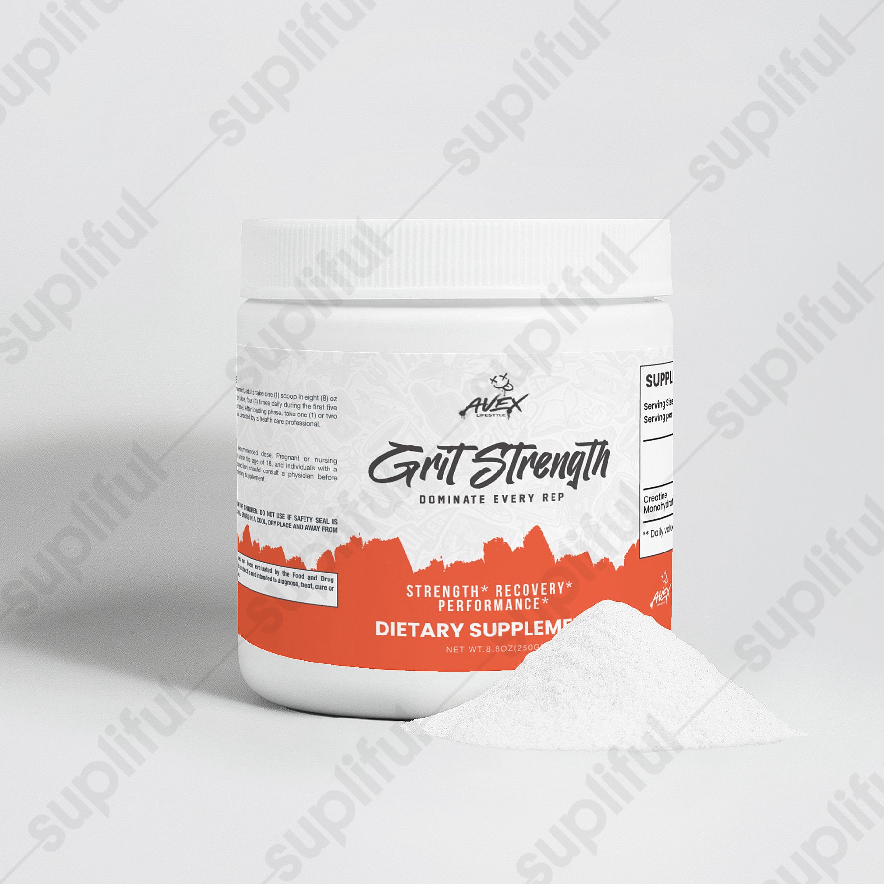 White supplement bottle with colorful label promoting energy and focus.