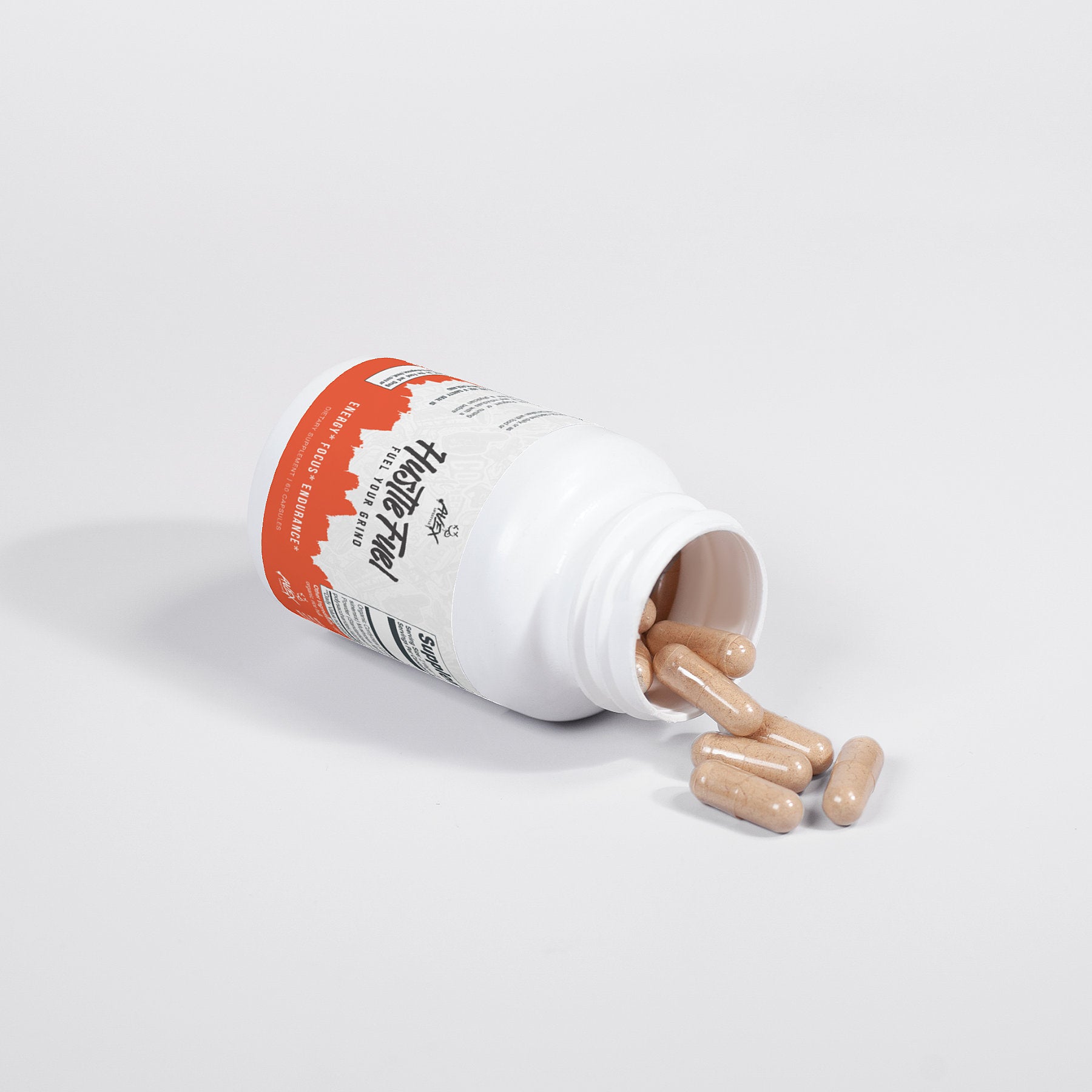 Supplement bottle with colorful label, featuring cityscape design, and two capsules.
